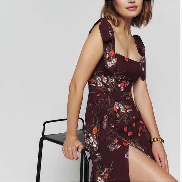 Cupshe Quadrate Neck Dress, Side Split Floral Print dress deep burgundy Sz XS - Picture 12 of 12